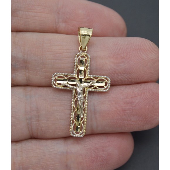 Real Solid 10K Yellow Gold Jesus Cross Oval Diamond Cut Pendant 2.0gr - Picture 2 of 6